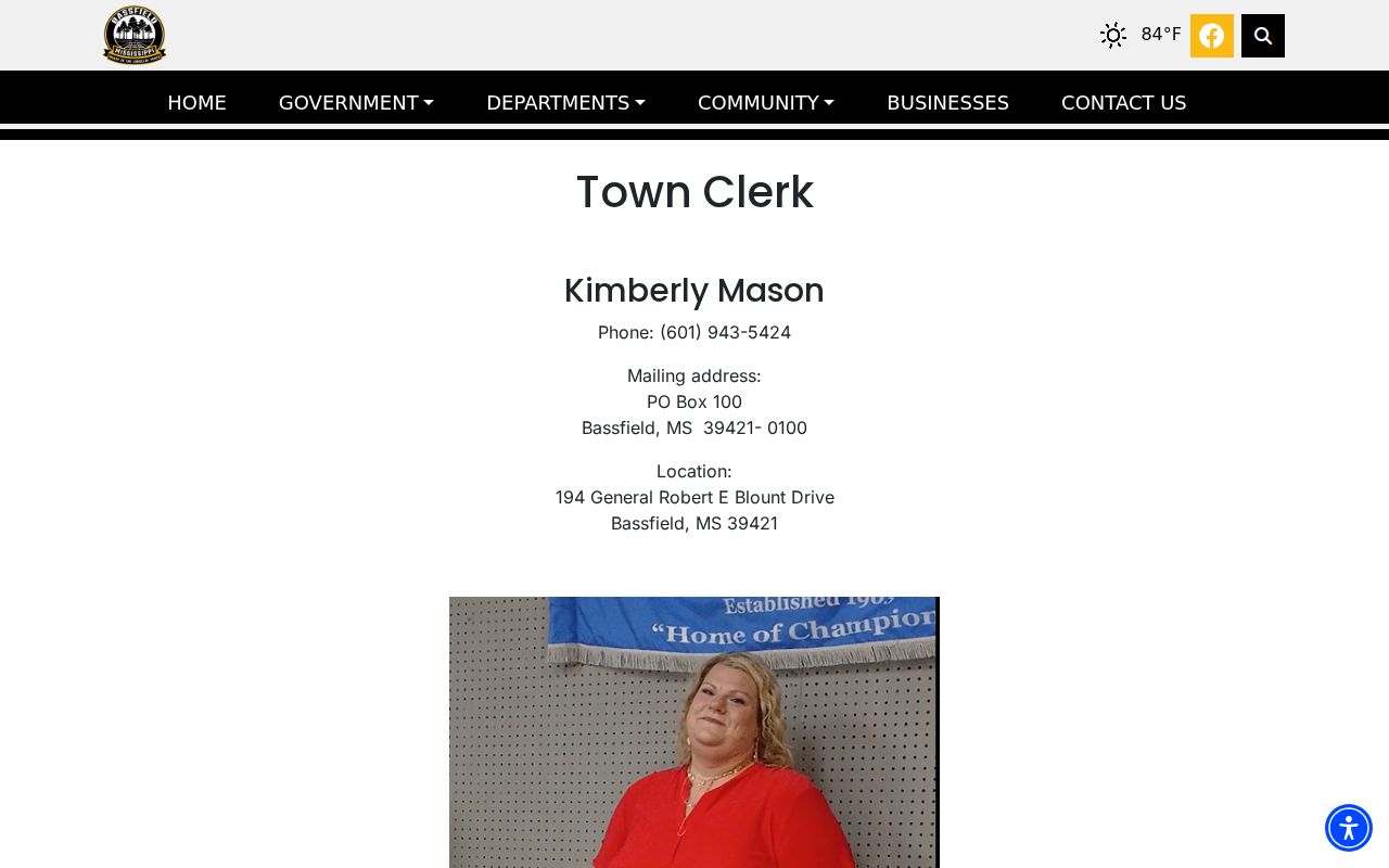 Bassfield Town Clerk page for Jefferson Davis County court record inquiries
