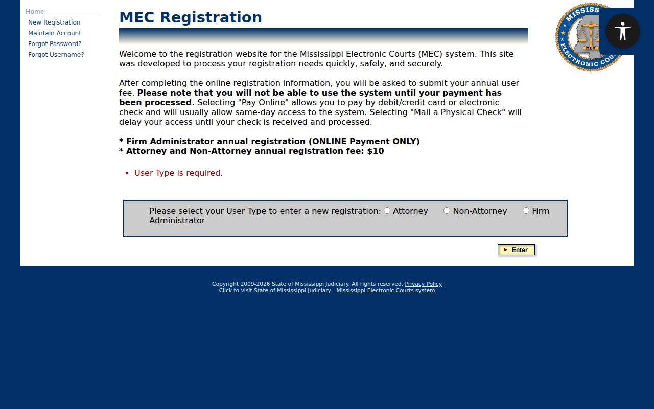 Jefferson Davis County case search PAMEC registration screen