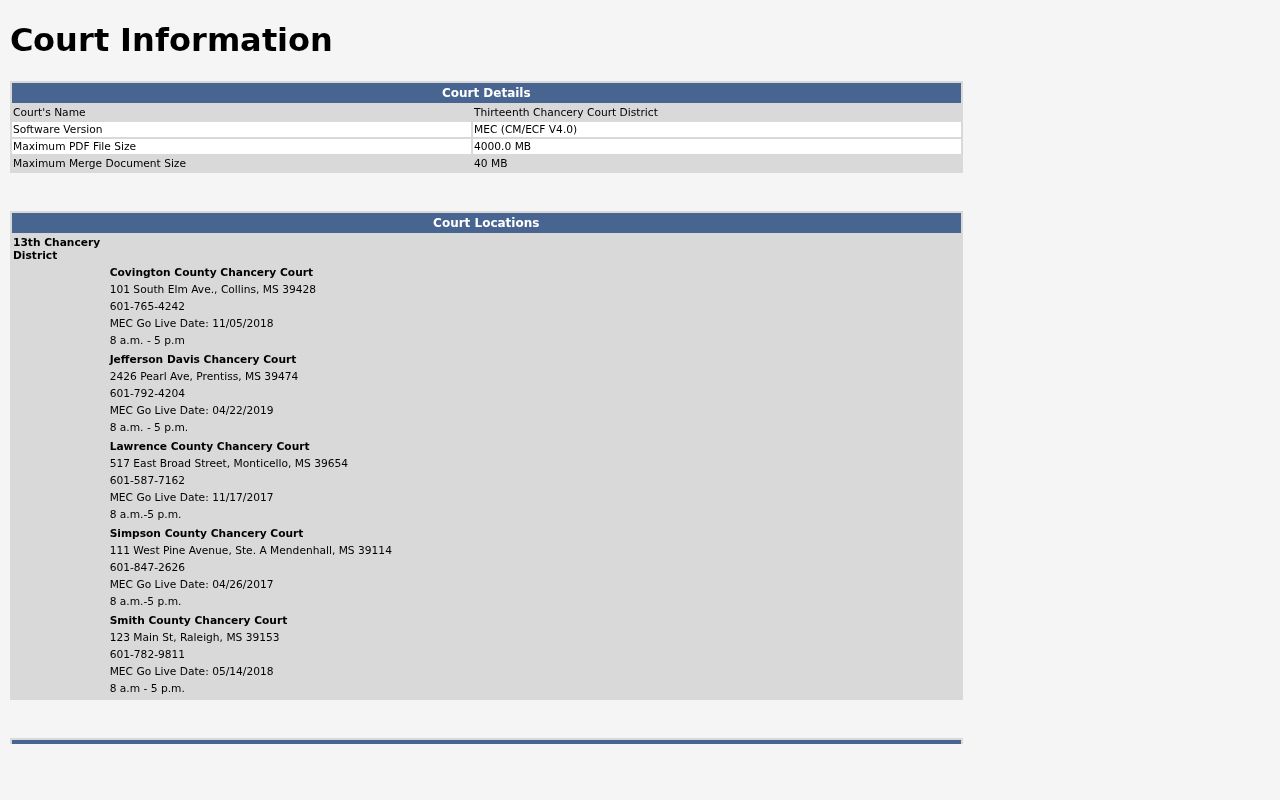Jefferson Davis County civil docket Chancery Court Information screen