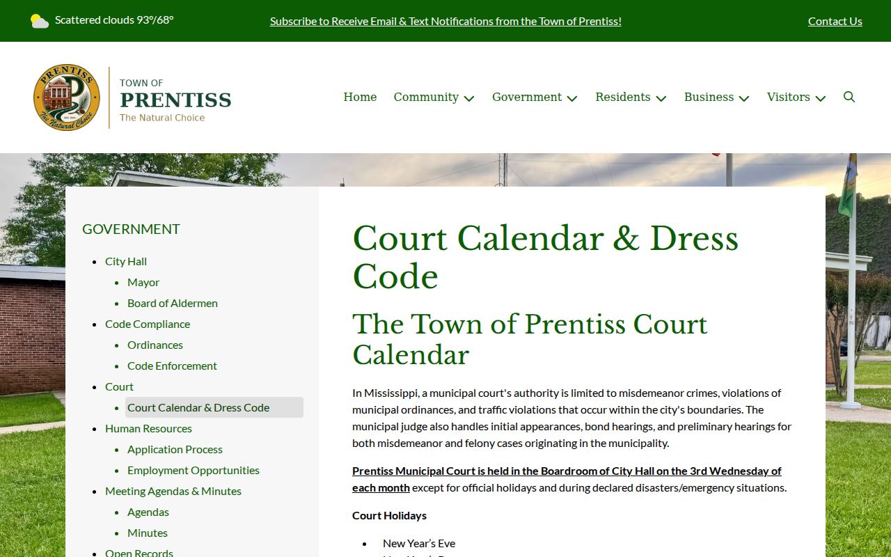 Jefferson Davis County court calendar Prentiss Municipal Court monthly setting rule
