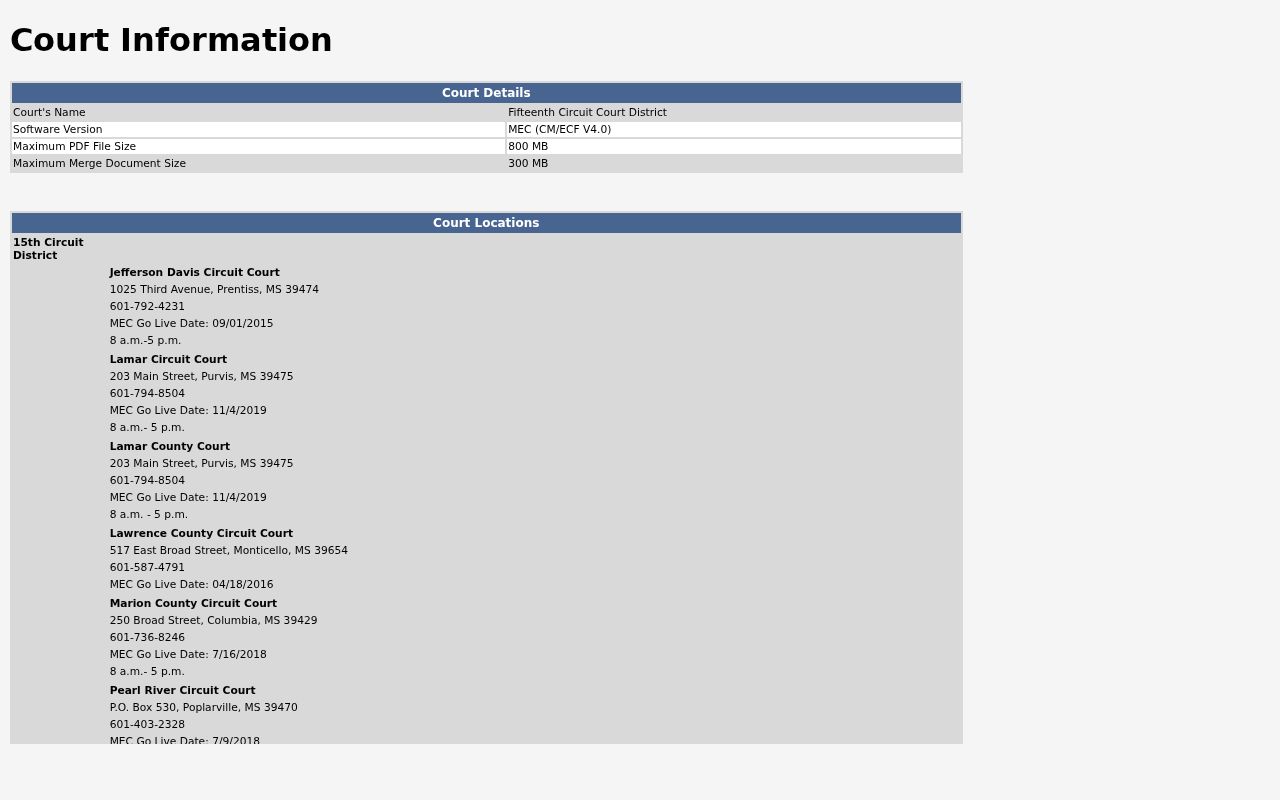 Jefferson Davis County criminal docket Fifteenth Circuit Court Information screen