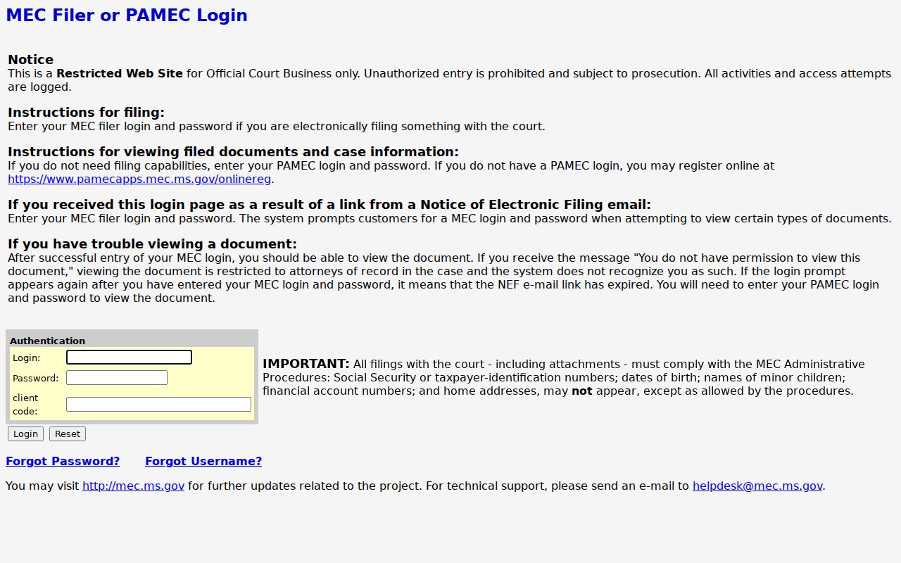 Jefferson Davis County criminal docket MEC query login frame